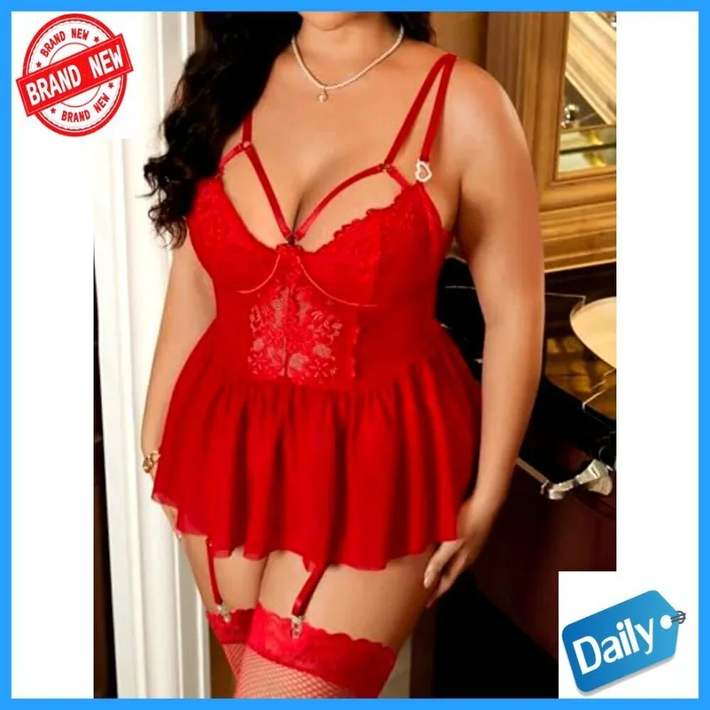 Plus Size Lingerie Set with Garter Belt and Stockings, Lace and Mesh, 4-Piece